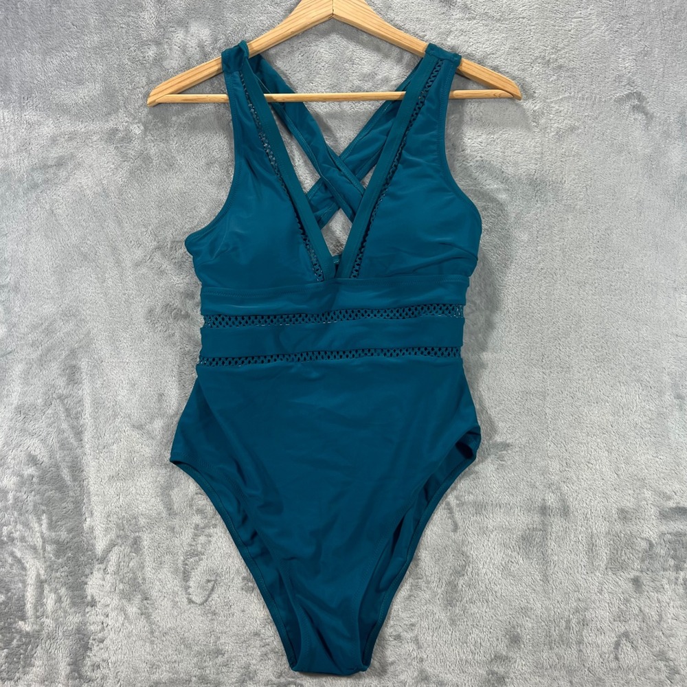 Tempt Me One Piece Swimsuit Womens Small Teal Blue New Crochet Mesh V-Neck